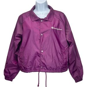 Champion Women’s Large Coach Jacket Burgundy Cropped Snap Button Logo